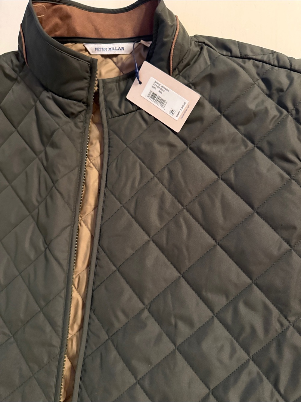 Peter Millar Quilted Olive Green Jacket with Tan Lining